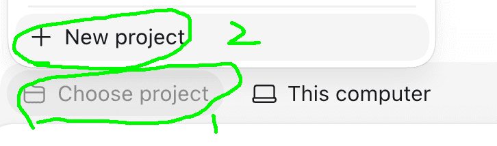 The bar under the Codex chat box with Choose project circled and New project circled in the menu above it