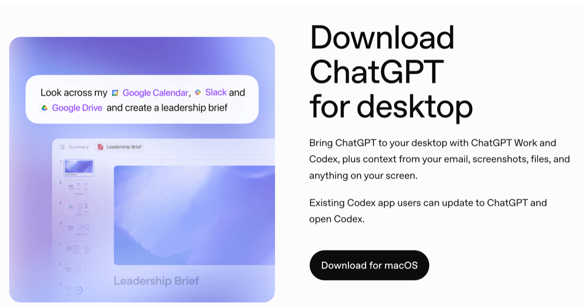 The ChatGPT download page with a Download for macOS button
