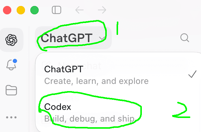 The ChatGPT app menu opened from the ChatGPT title, with Codex circled below ChatGPT
