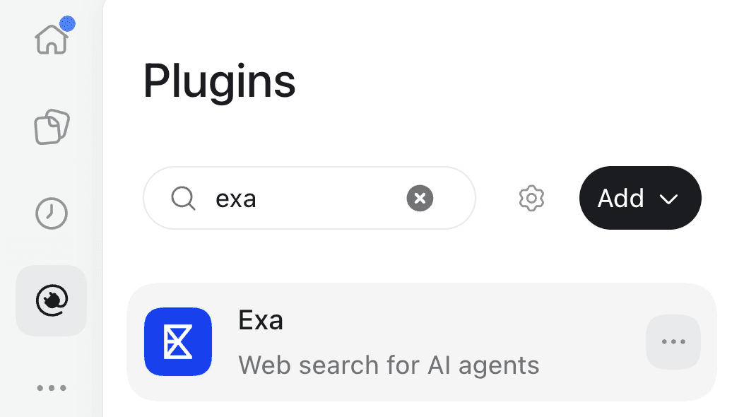 The Plugins page in the ChatGPT app with exa typed in the search box and the Exa plugin listed
