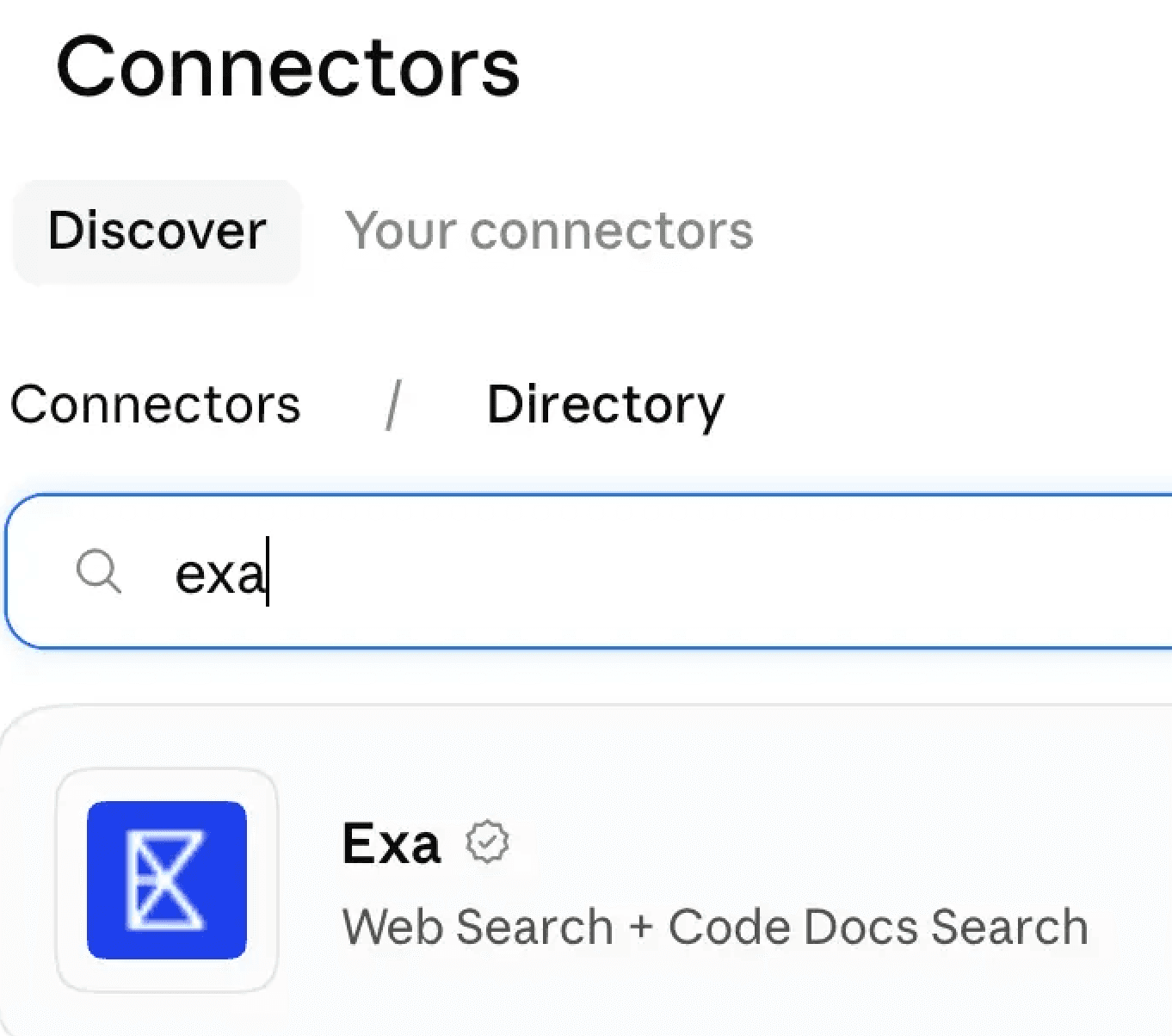 Claude's Connectors directory with exa typed in the search box and the Exa result added